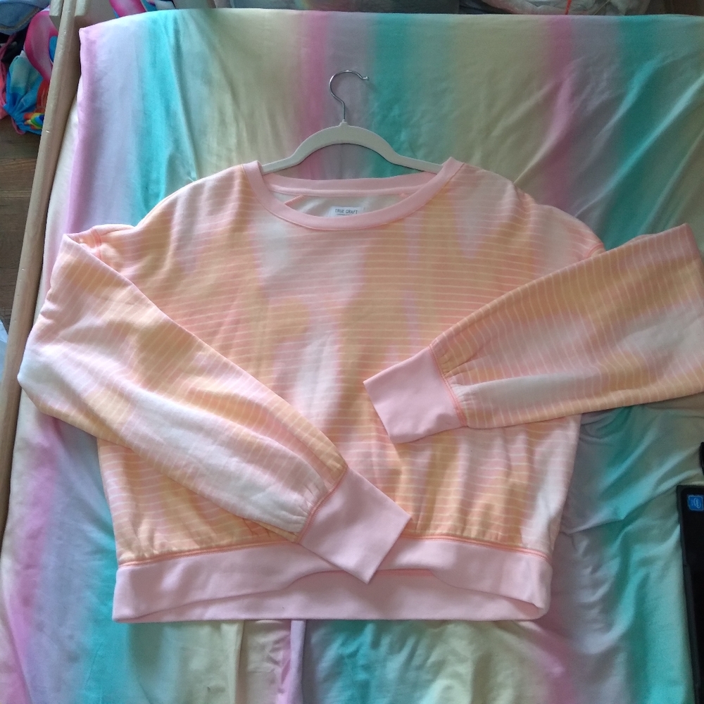 Pink and white striped sweater with some yellow Brand True Craft size XL